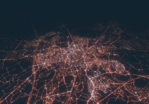 Breda aerial view at night. Top view on modern city with street lights. Satellite view with glow effect